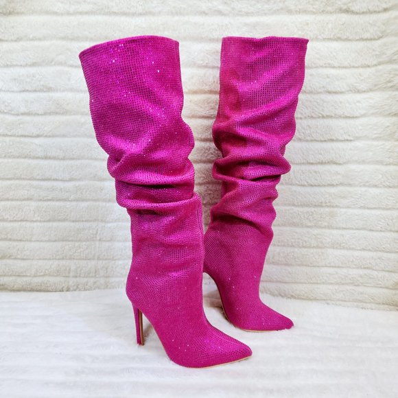 Radiant Fuchsia Pink Rhinestone High Heel Slouch Knee High Boots - Picture 6 of 11